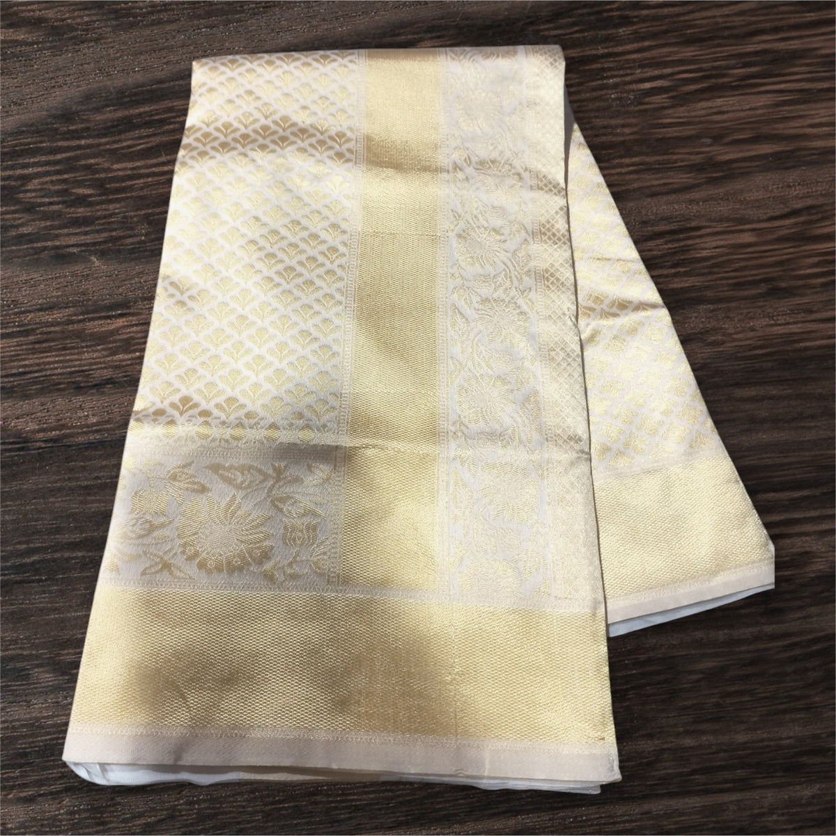 Cream Gold Lichi Silk Saree With Rich Jacquard Work for Women