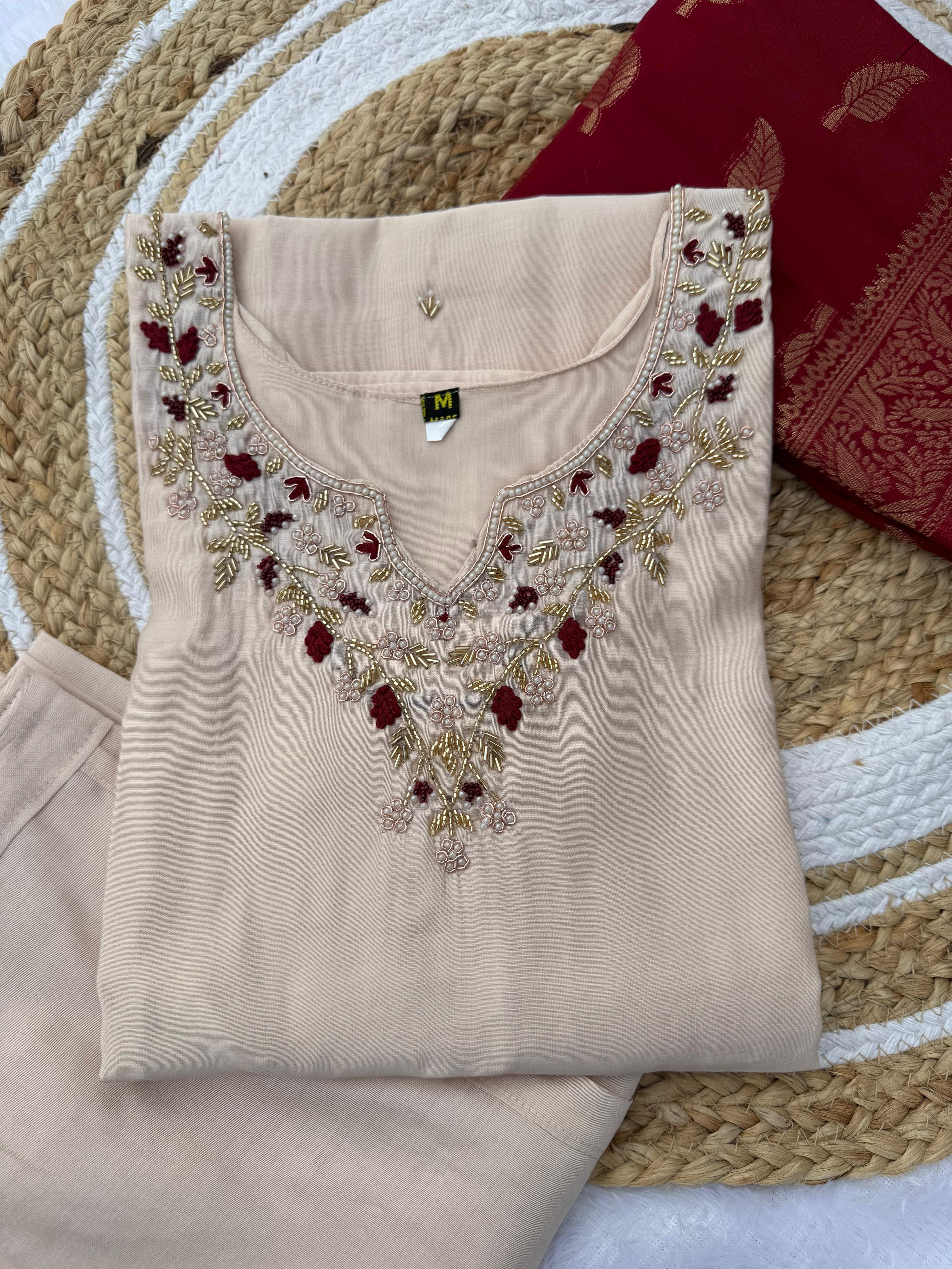 Cream Handwork Roman Silk Kurti Pant Dupatta Set