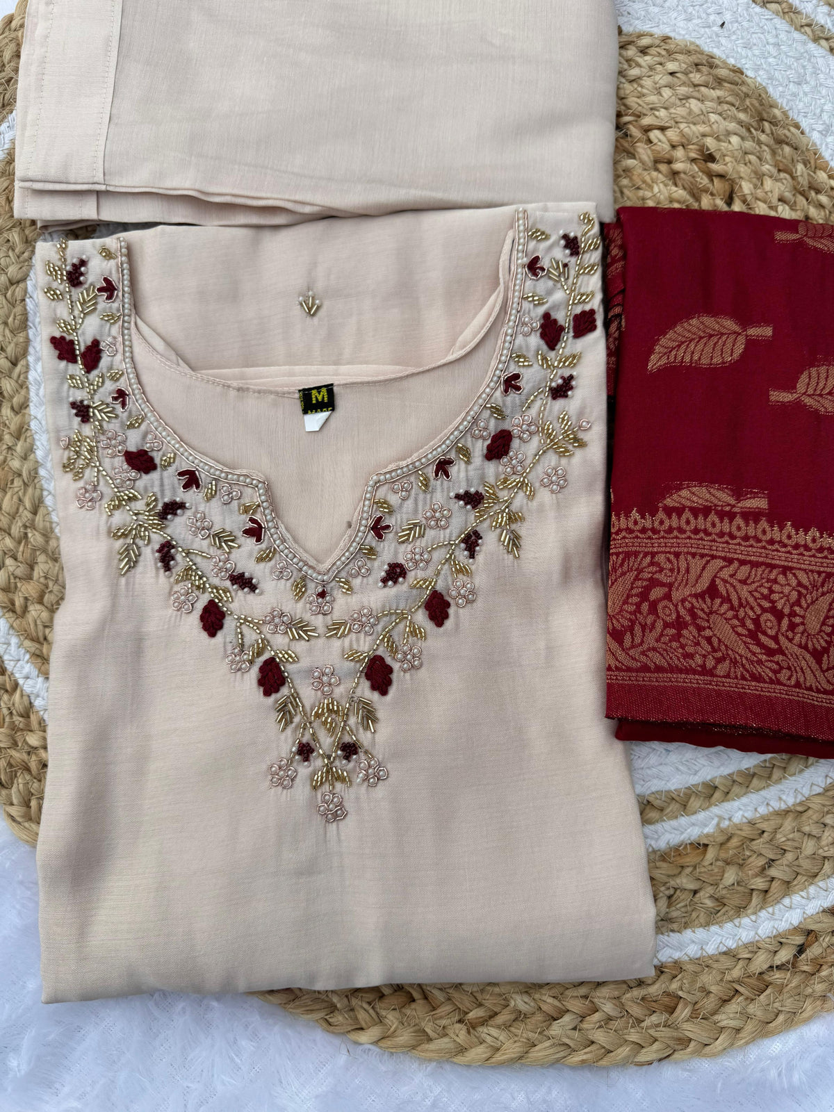 Cream Handwork Roman Silk Kurti Pant Dupatta Set for Women