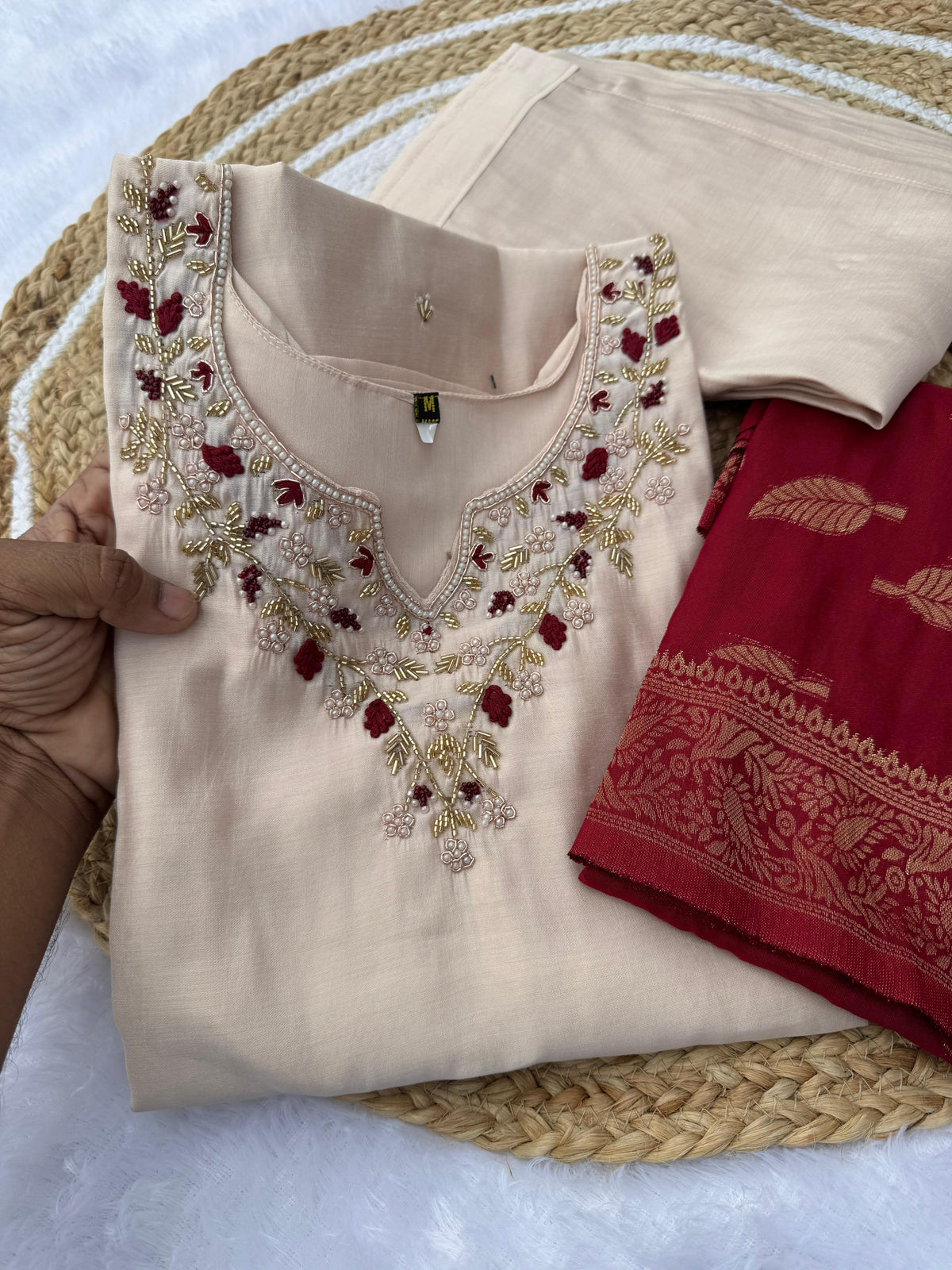 Cream Handwork Roman Silk Kurti Pant Dupatta Set for Women