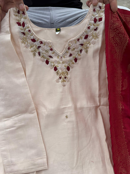 Cream Handwork Roman Silk Kurti Pant Dupatta Set for Women