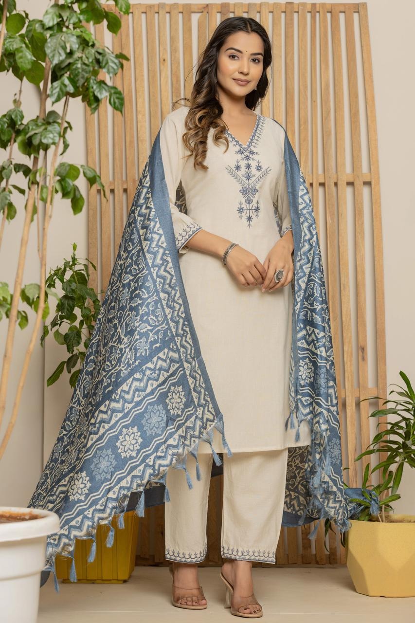 Cream Khadi Cotton Straight Kurta Set with Dupatta
