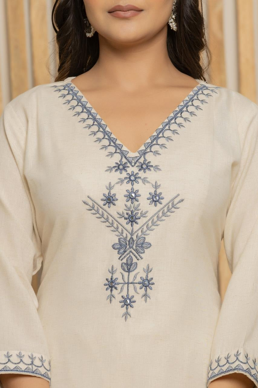 Cream Khadi Cotton Straight Kurta Set with Dupatta for Women