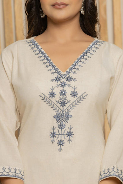 Cream Khadi Cotton Straight Kurta Set with Dupatta for Women