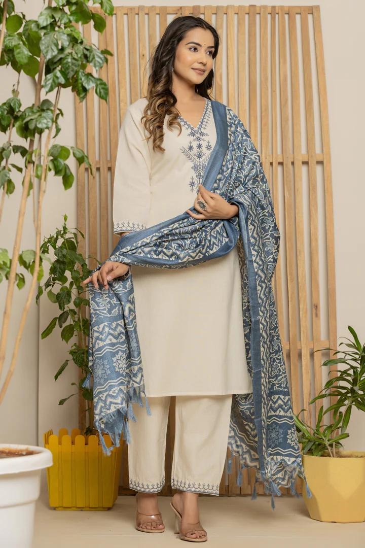 Cream Khadi Cotton Straight Kurta Set with Dupatta for Women