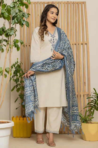 Cream Khadi Cotton Straight Kurta Set with Dupatta for Women