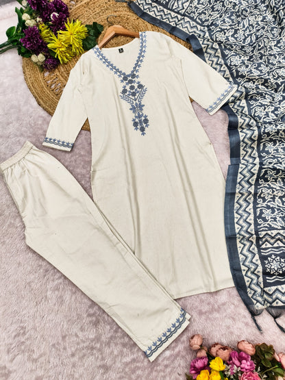 Cream Khadi Cotton Straight Kurta Set with Dupatta for Women