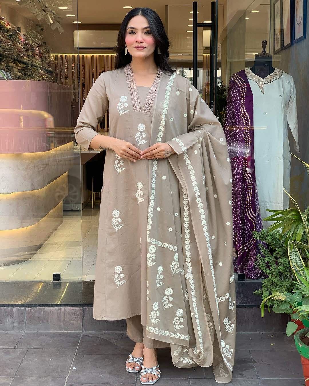 Cream Embroidered Kurta Set with Bandhani Style Dupatta for Women