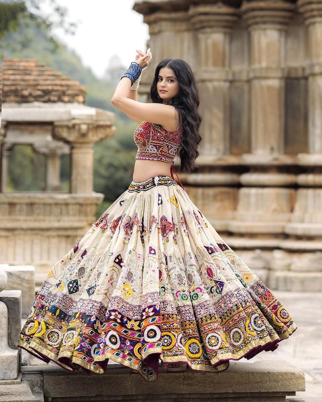 Cream Ethnic Lehenga Choli with Mirror Work Design for Women