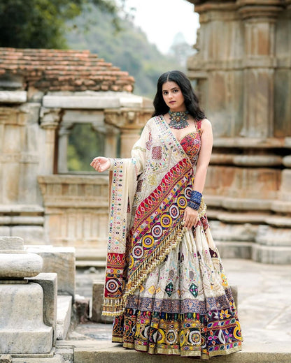 Cream Ethnic Lehenga Choli with Mirror Work Design for Women