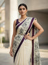 Cream Linen Mosaic Print Saree With Designer Pallu for Women
