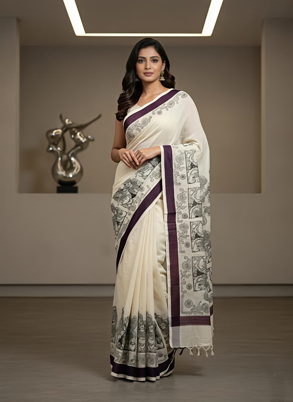 Cream Linen Mosaic Print Saree With Designer Pallu for Women