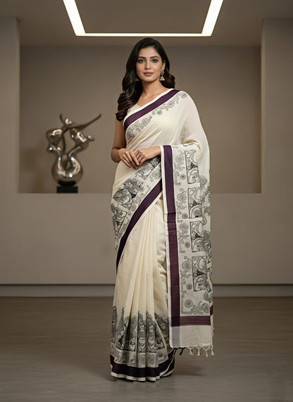 Cream Linen Mosaic Print Saree With Designer Pallu for Women