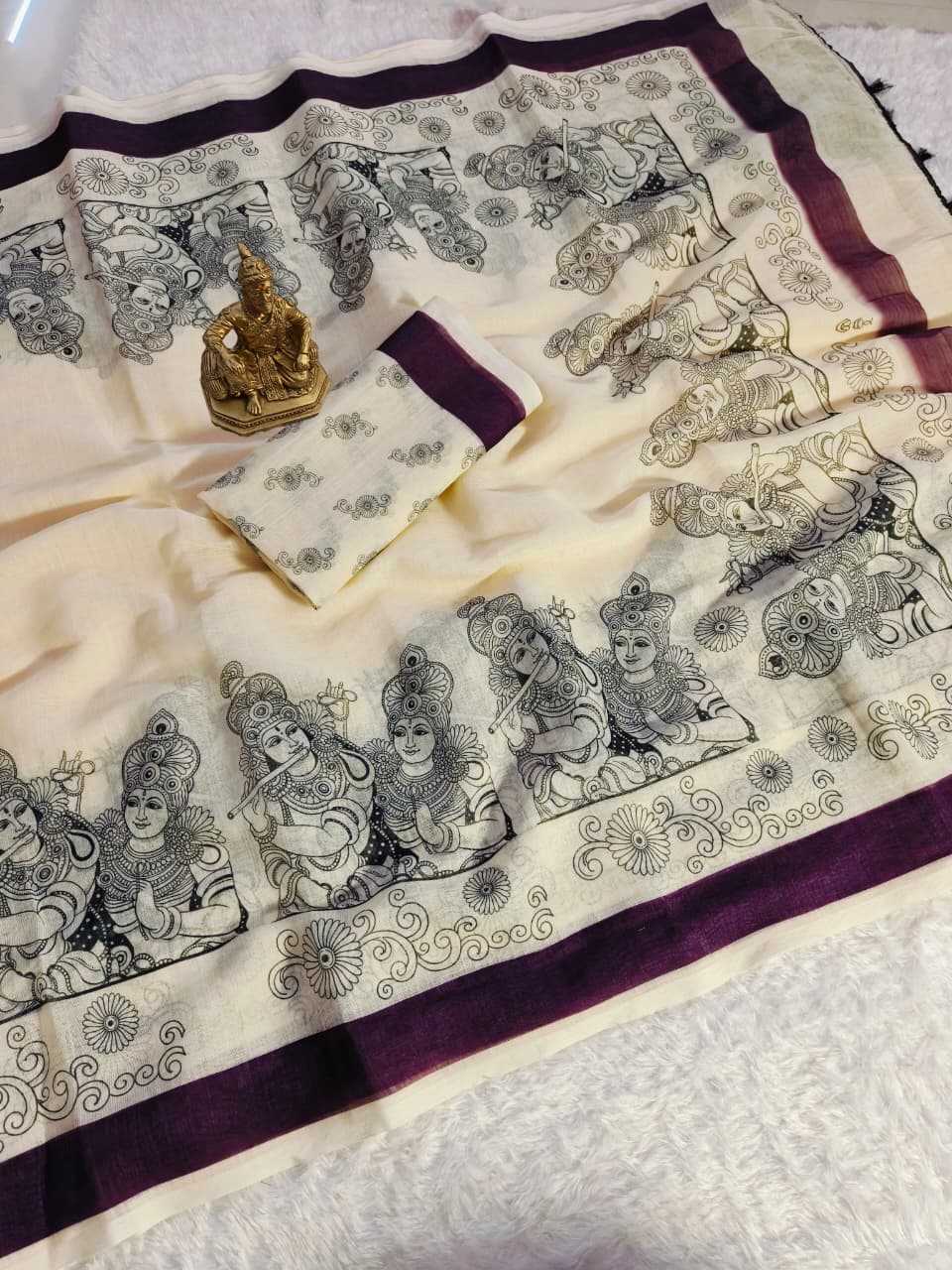 Cream Linen Mosaic Print Saree With Designer Pallu for Women