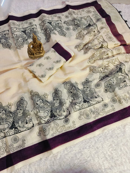 Cream Linen Mosaic Print Saree With Designer Pallu for Women
