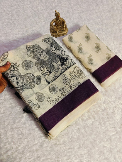 Cream Linen Mosaic Print Saree With Designer Pallu for Women