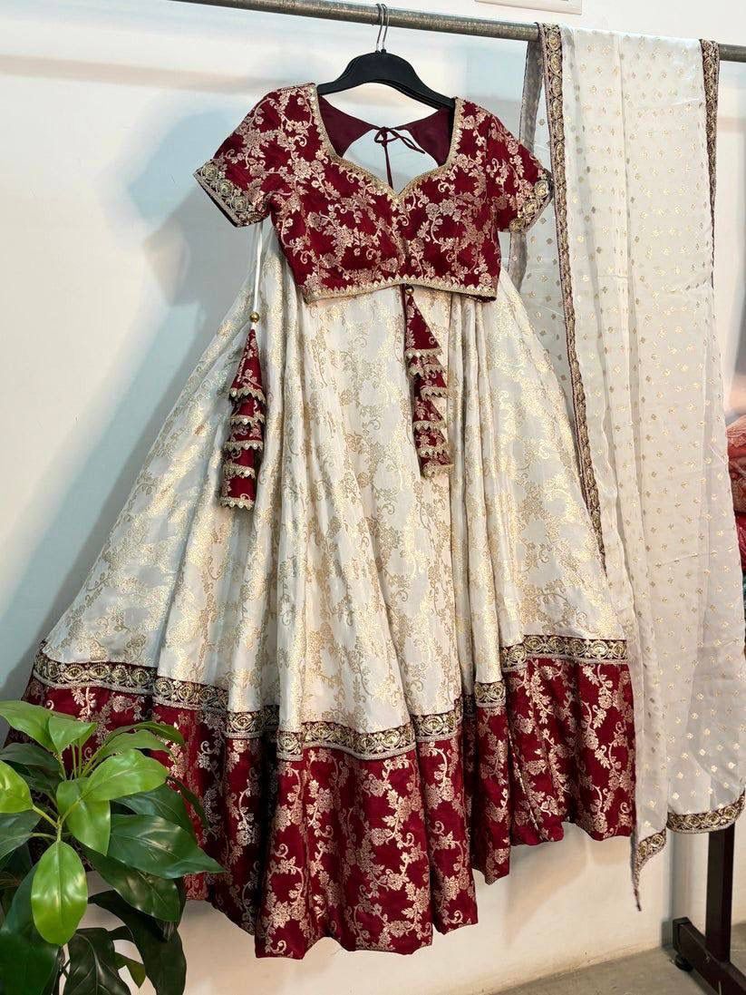 Cream &amp; Maroon Jacquard Lehenga Choli with Dupatta Set for Women
