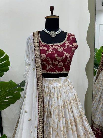 Cream &amp; Maroon Jacquard Lehenga Choli with Dupatta Set for Women