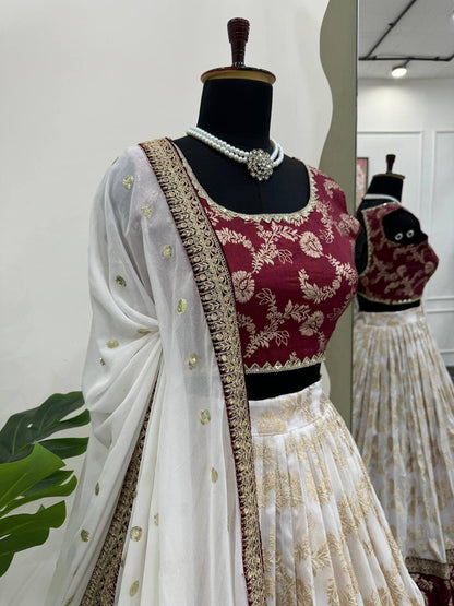 Cream &amp; Maroon Jacquard Lehenga Choli with Dupatta Set for Women
