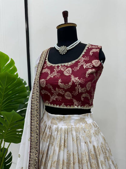 Cream &amp; Maroon Jacquard Lehenga Choli with Dupatta Set for Women