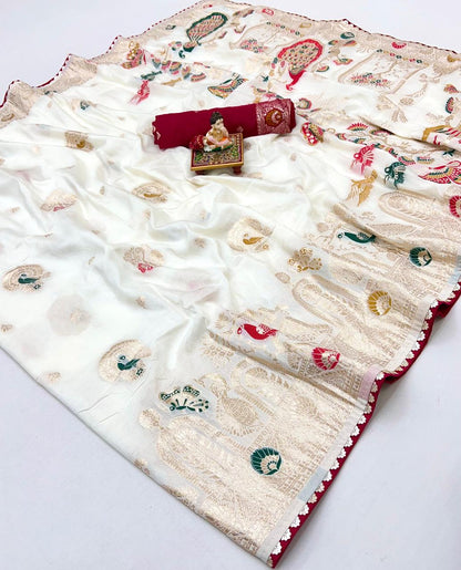 Cream Zari Woven Maslin Silk Saree With Rich Pallu for Women