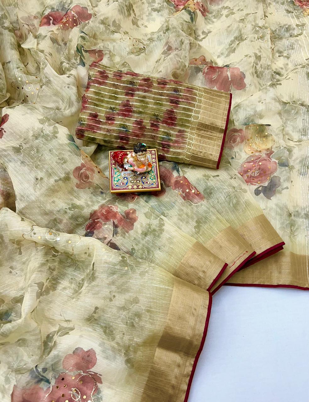 Cream Organza Cotton Silk Saree With Thread & Sequin Work