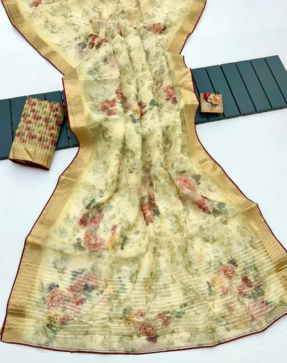 Cream Organza Cotton Silk Saree With Thread &amp; Sequin Work for Women