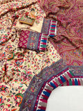 Cream Floral Pashmina Saree With Shawl & Blouse Piece
