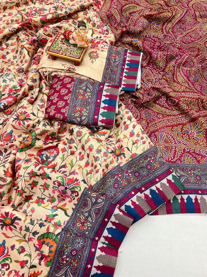 Cream Floral Pashmina Saree With Shawl &amp; Blouse Piece for Women