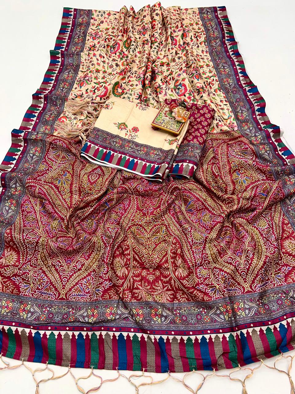 Cream Floral Pashmina Saree With Shawl &amp; Blouse Piece for Women