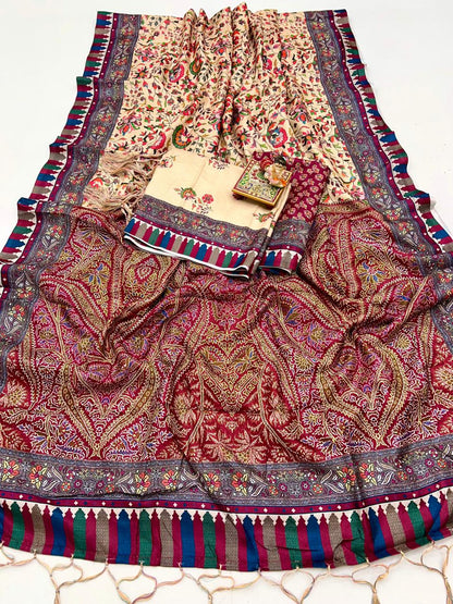 Cream Floral Pashmina Saree With Shawl &amp; Blouse Piece for Women