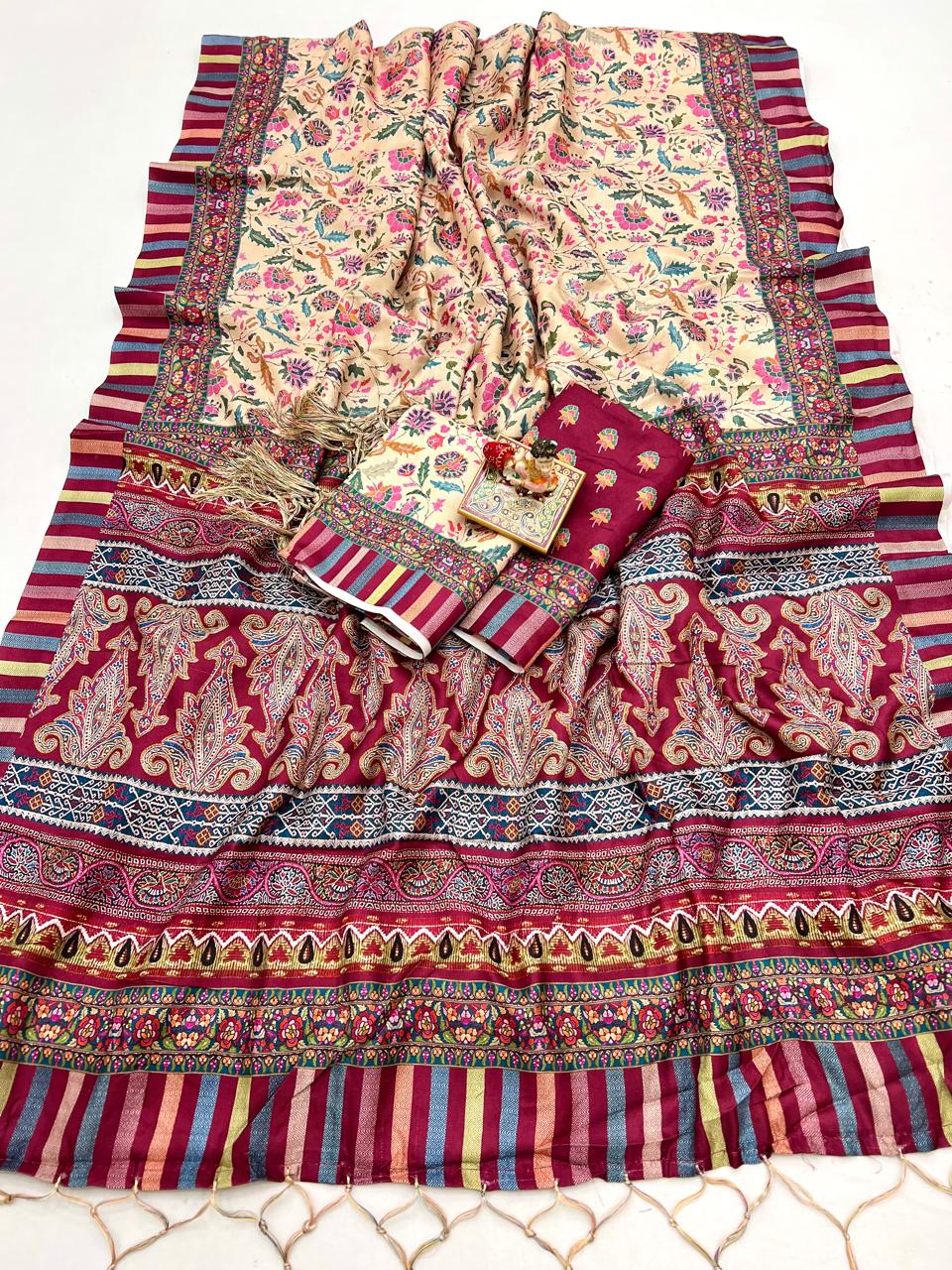 Festive Cream Pashmina Saree with Designer Border for Women