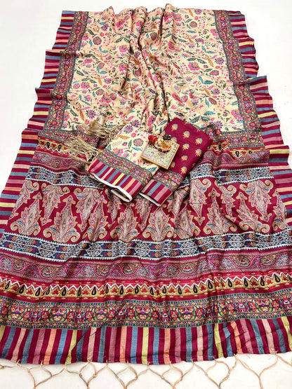 Festive Cream Pashmina Saree with Designer Border for Women