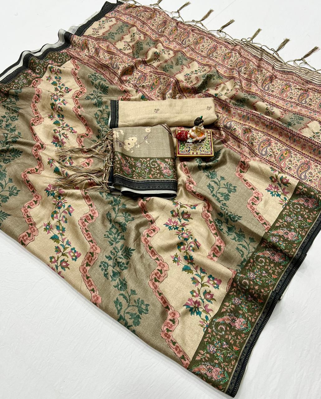 Cream Floral Pashmina Saree With Shawl &amp; Blouse 3 for Women
