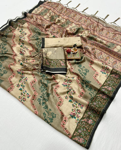 Cream Floral Pashmina Saree With Shawl &amp; Blouse 3 for Women