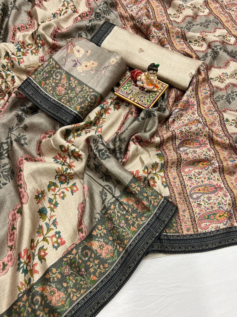 Cream Floral Pashmina Saree With Shawl &amp; Blouse 3 for Women