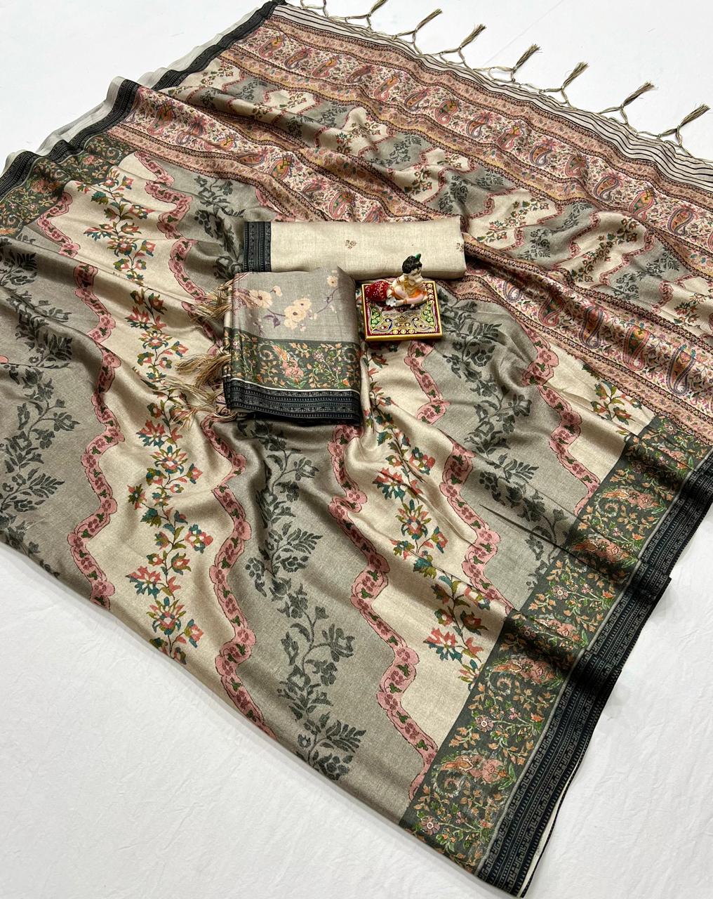 Cream Floral Pashmina Saree With Shawl &amp; Blouse 3 for Women