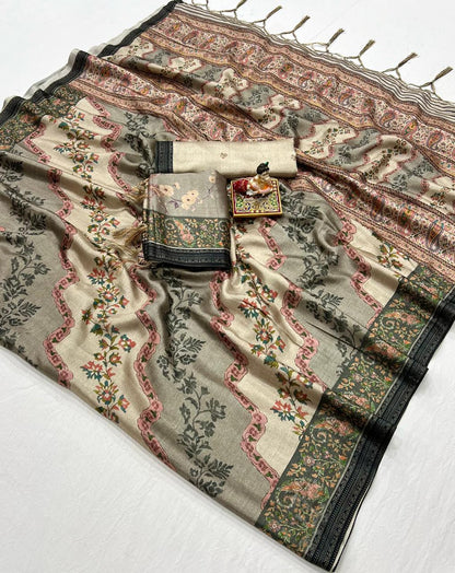Cream Floral Pashmina Saree With Shawl &amp; Blouse 3 for Women