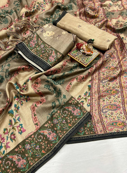 Cream Floral Pashmina Saree With Shawl &amp; Blouse 3 for Women
