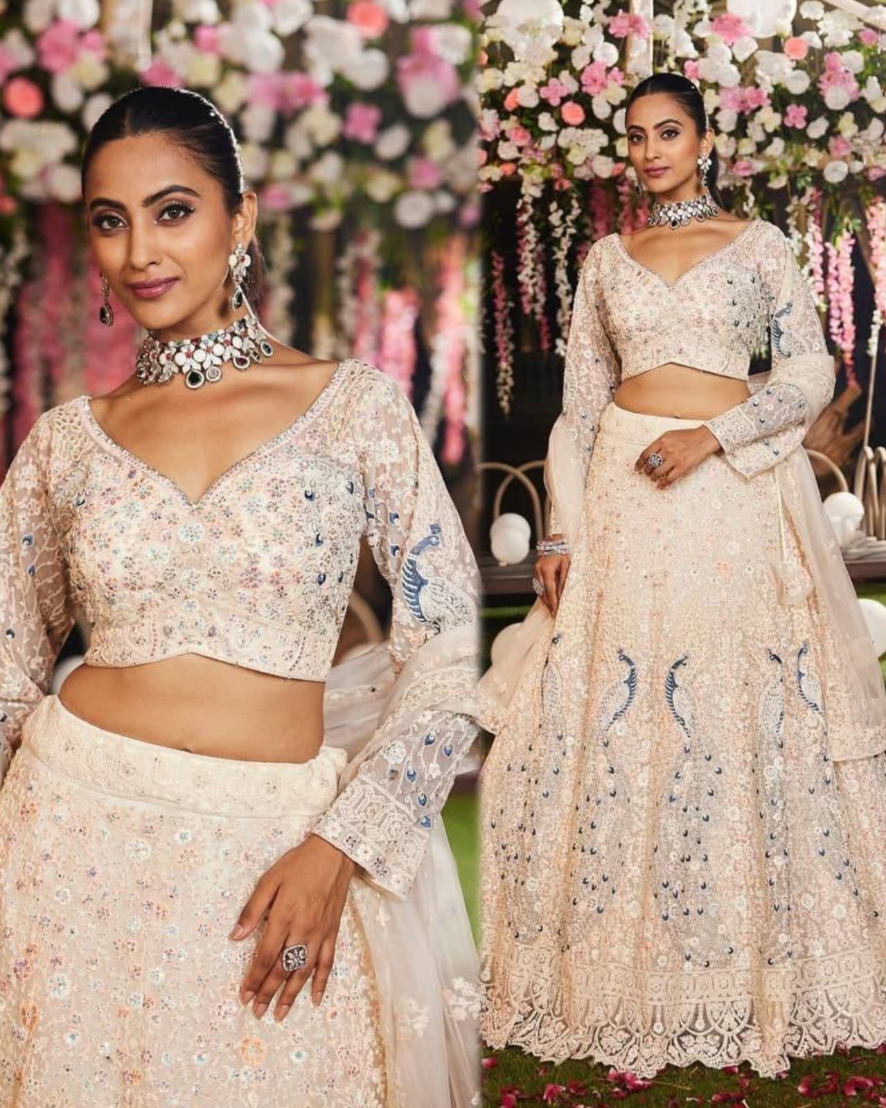 Cream Peacock Embroidered Net Lehenga Set for Women