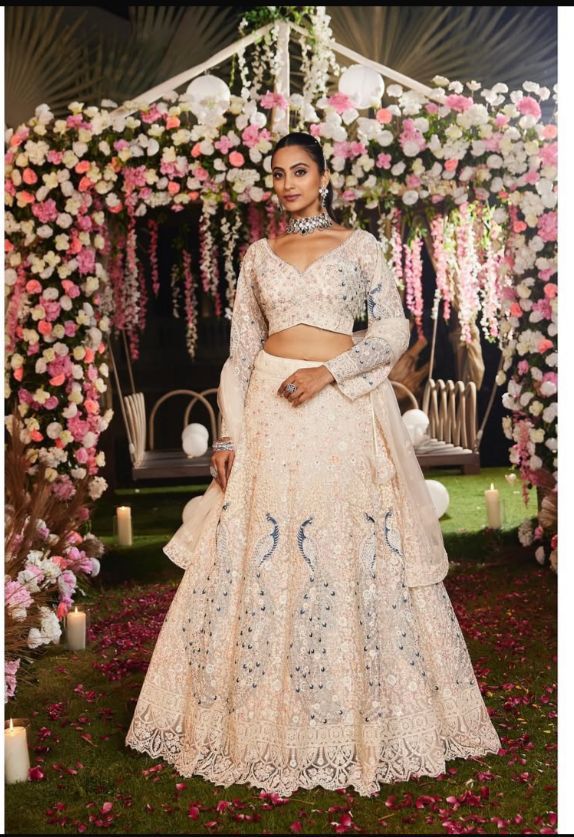 Cream Peacock Embroidered Net Lehenga Set for Women
