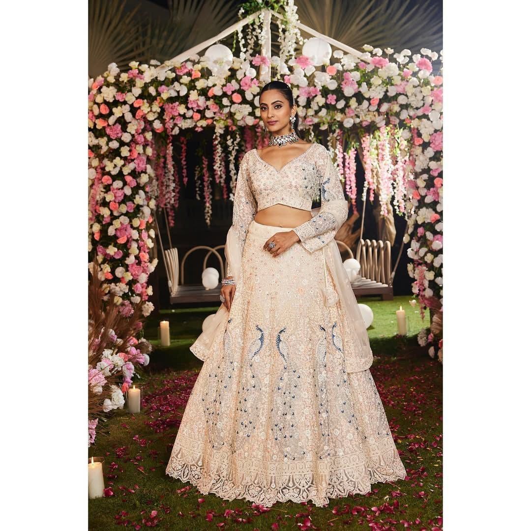 Cream Peacock Embroidered Net Lehenga Set for Women