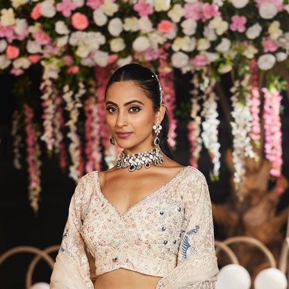 Cream Peacock Embroidered Net Lehenga Set for Women