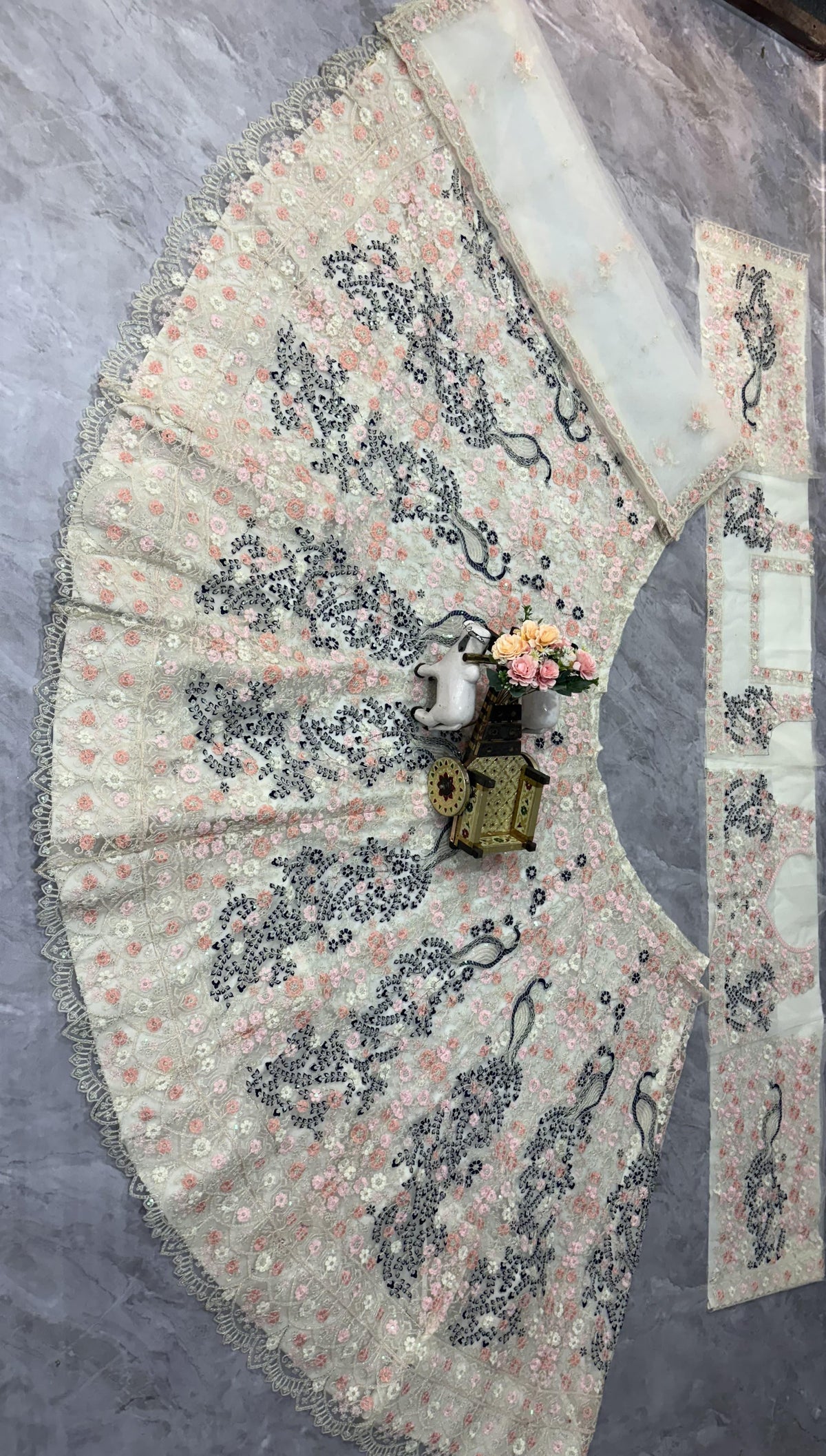 Cream Peacock Embroidered Net Lehenga Set for Women