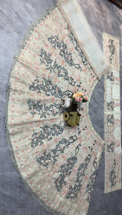 Cream Peacock Embroidered Net Lehenga Set for Women