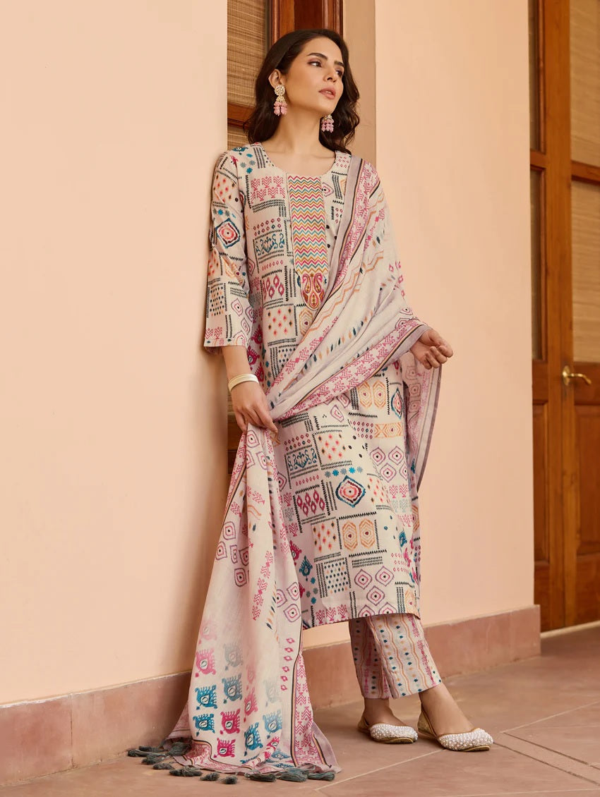 Cream Printed Cotton Kurta Pant Dupatta Set for Women