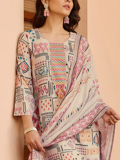 Cream Printed Cotton Kurta Pant Dupatta Set for Women