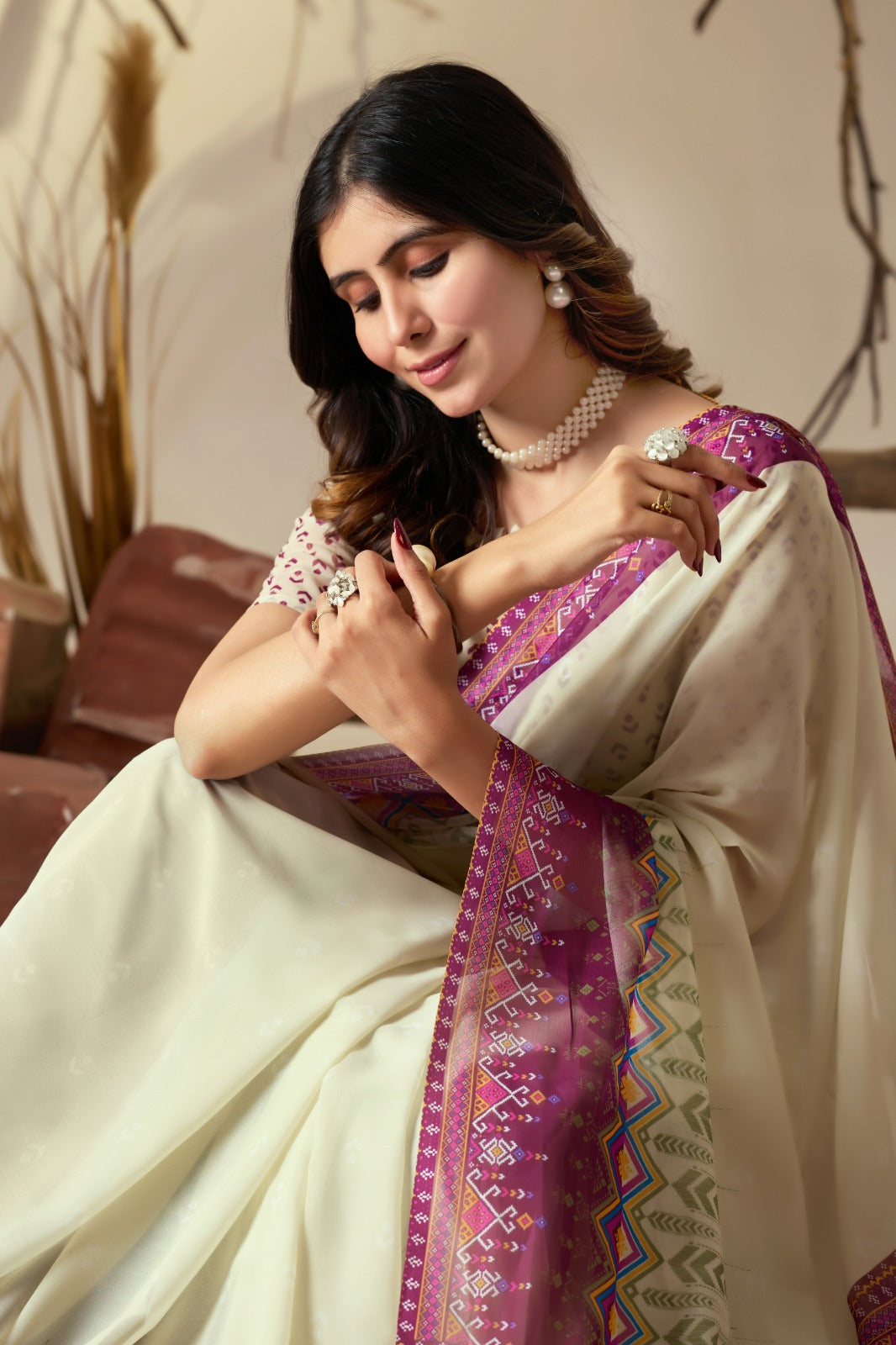Cream Printed Georgette Saree with Designer Pallu for Women