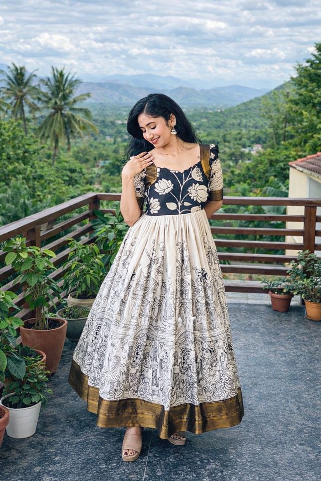 Cream Printed Anarkali Gown with Ethnic Motif Design for Women
