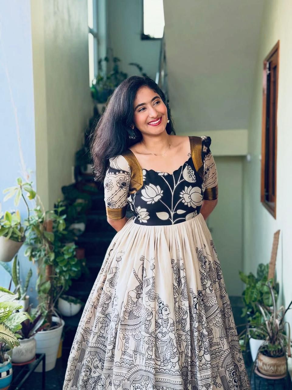 Cream Printed Anarkali Gown with Ethnic Motif Design for Women
